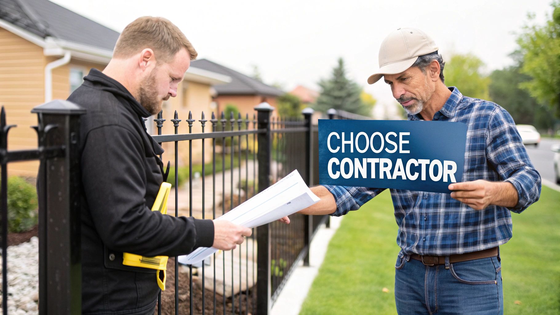 Two men, a contractor and a homeowner, discuss project plans near an iron metal fence, holding a 'Choose Contractor' sign.