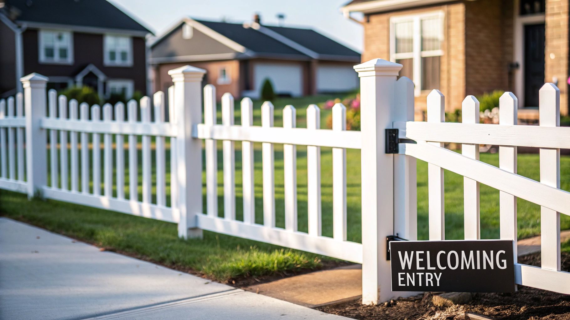 A white picket fence and open gate with a 'WELCOMING ENTRY' sign in a sunny suburban neighborhood.