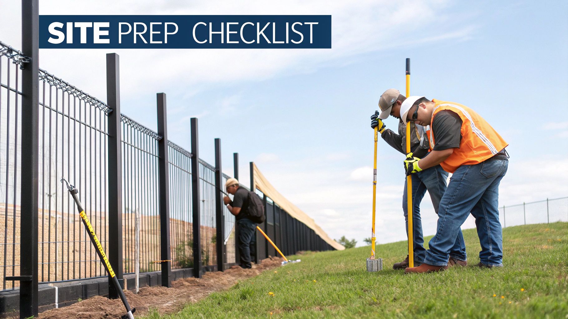 Construction workers in safety gear surveying site for fence installation with measuring equipment