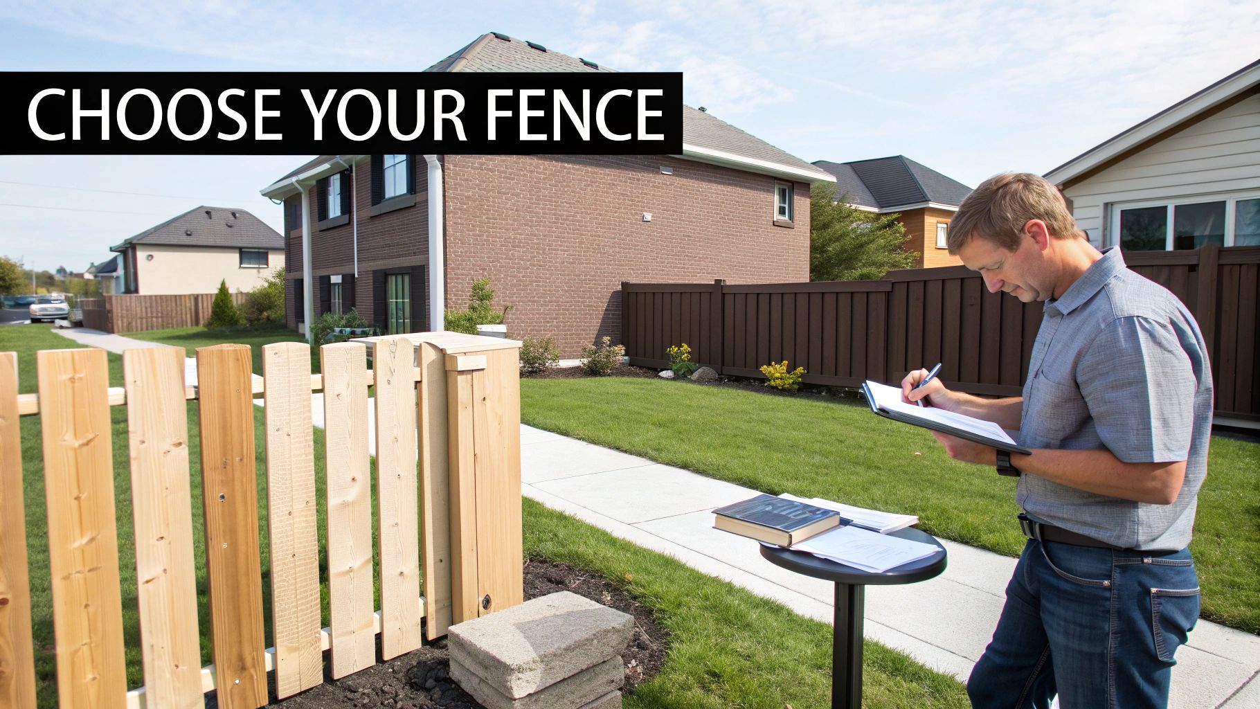 A man evaluates different wood fence samples in a residential yard while taking notes.