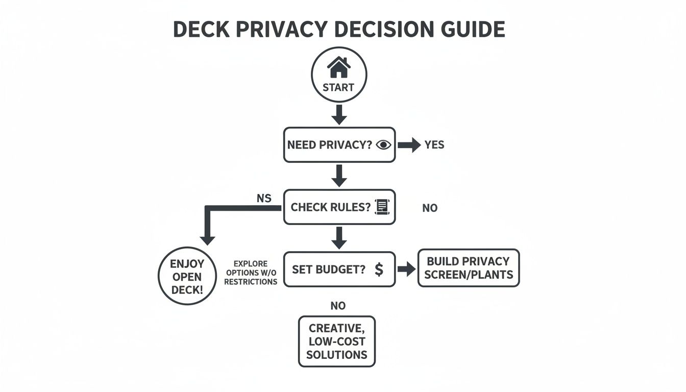 Flowchart guide for making decisions about deck privacy, covering needs, rules, and budget.