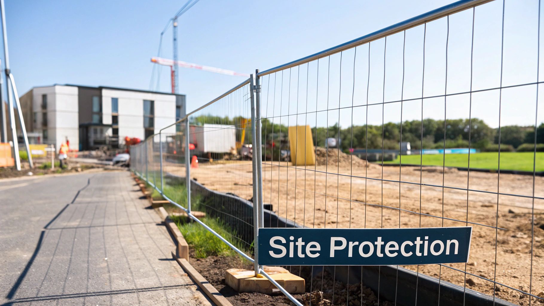 Construction site security fencing with site protection sign at building development project