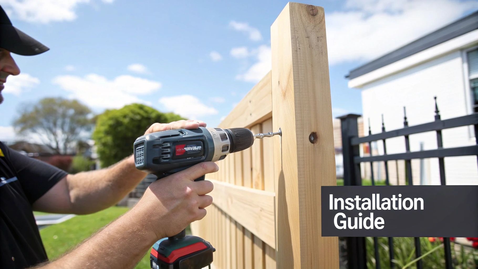 A person uses a cordless drill to install a fixture into a new wooden fence post under a clear sky.