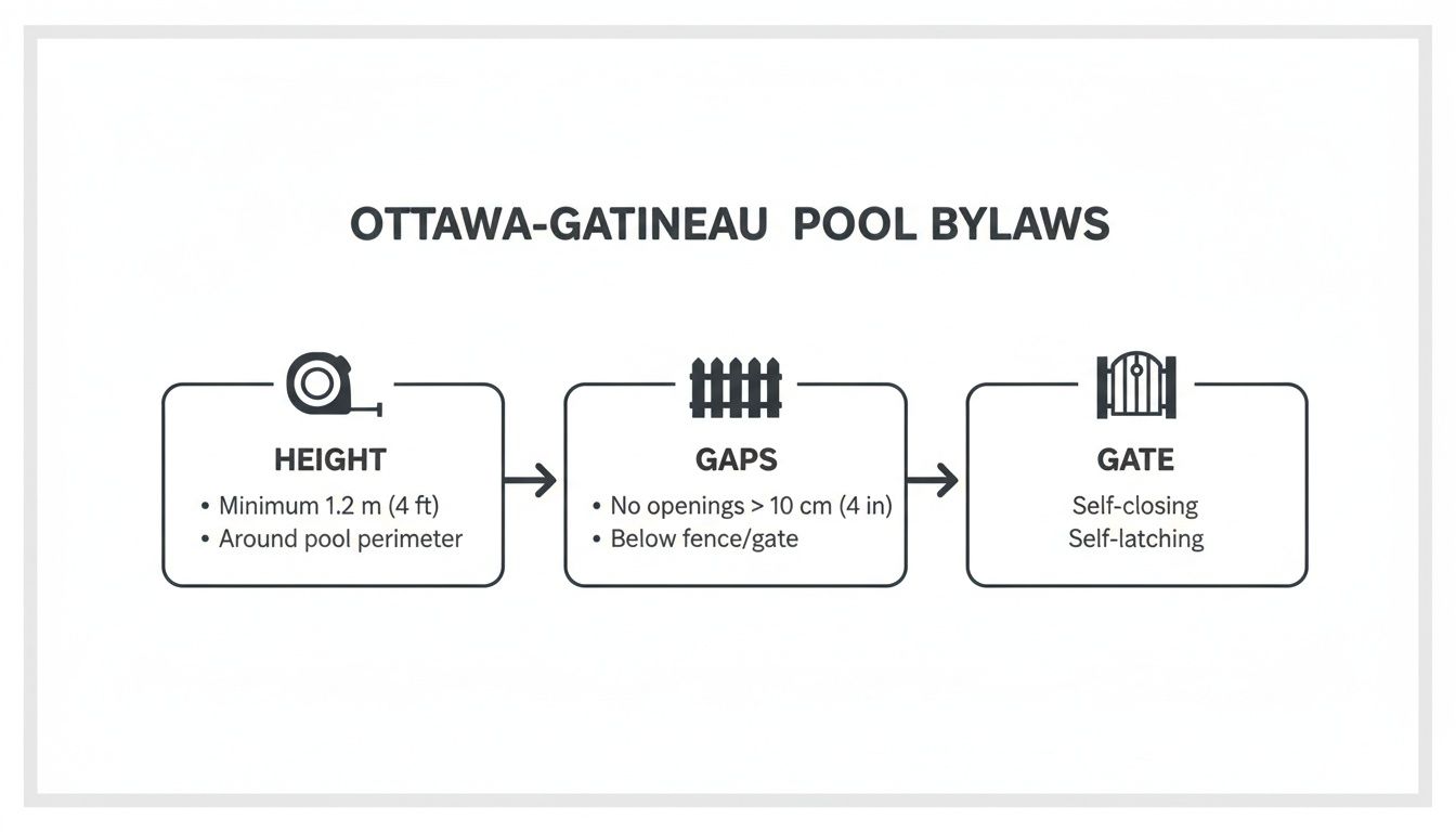 Infographic detailing Ottawa-Gatineau pool bylaws for fence height, gaps, and self-latching, self-closing gates.