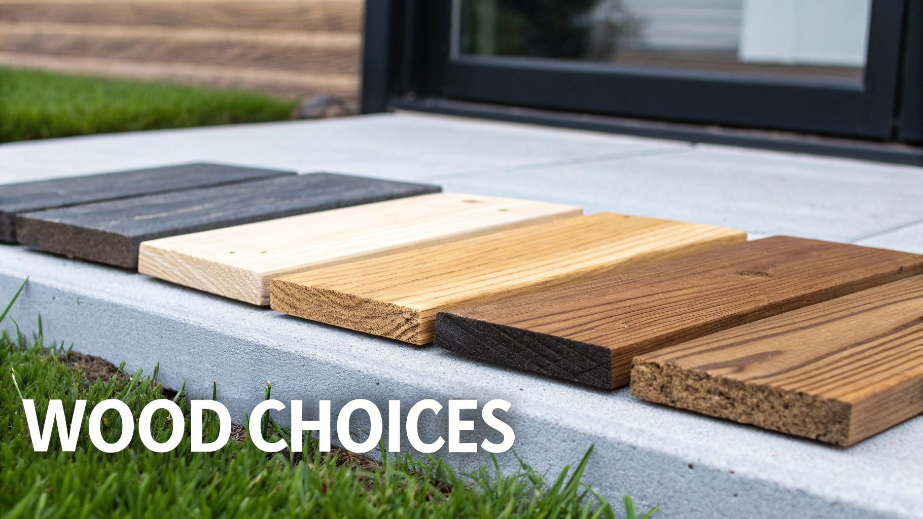 Multiple wood samples in various finishes displayed on a concrete step, showcasing different wood choices.