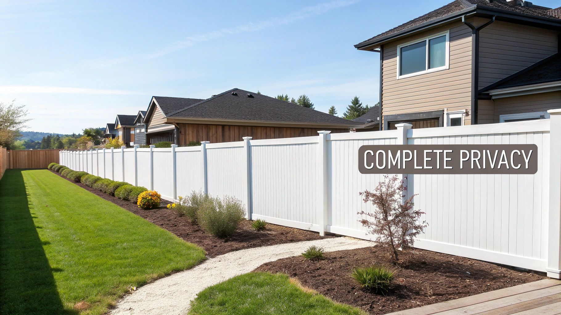 A long white vinyl privacy fence lines a neat backyard with a green lawn and landscaped beds, offering complete seclusion.