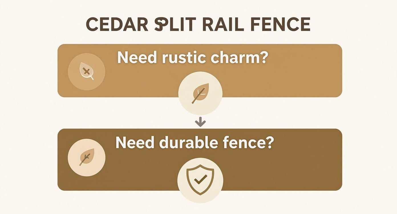 Infographic displaying the benefits of a cedar split rail fence, emphasizing rustic charm and durability.
