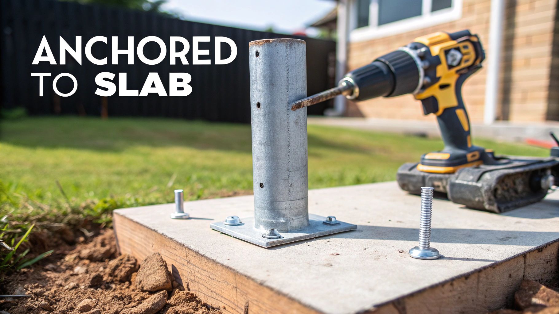 A metal fence post is being anchored to a concrete slab with a drill and bolts.