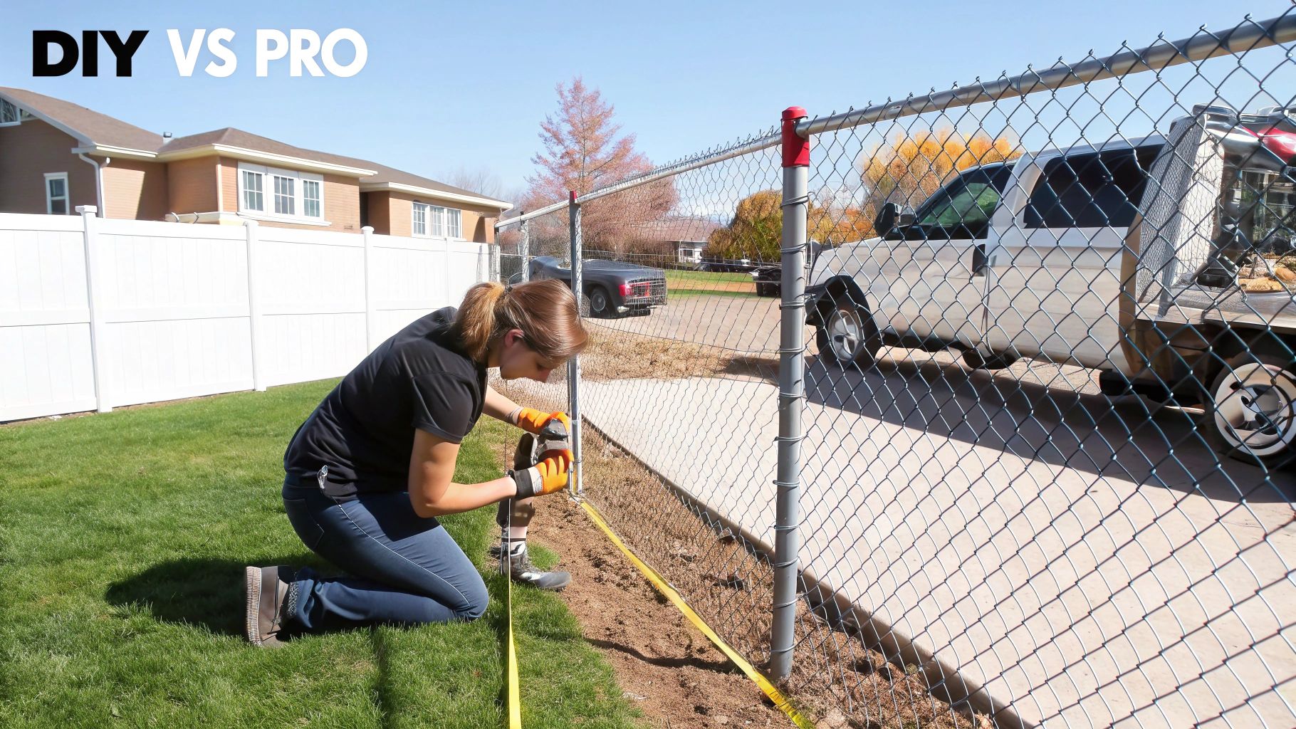 Woman in orange gloves kneeling, installing a chain-link fence with a measuring tape on a sunny day.