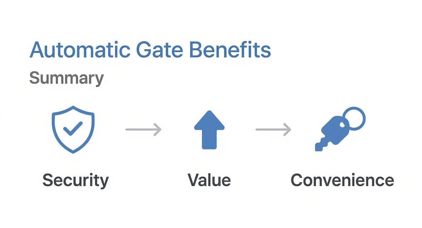 Infographic showing automatic gate benefits including security shield, increased value arrow, and convenience key icons