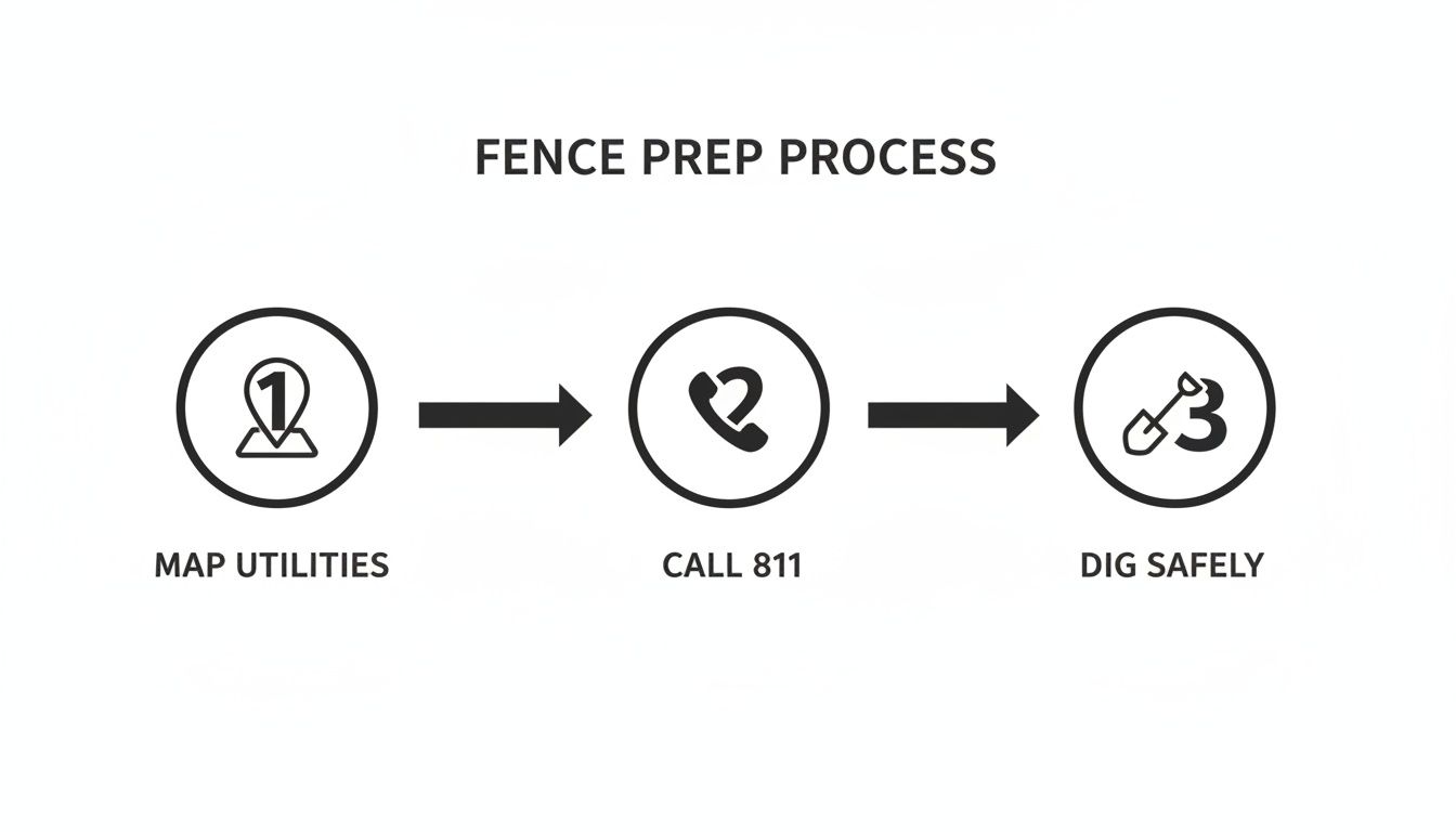 A three-step guide for fence preparation: map utilities, call 811, then dig safely.