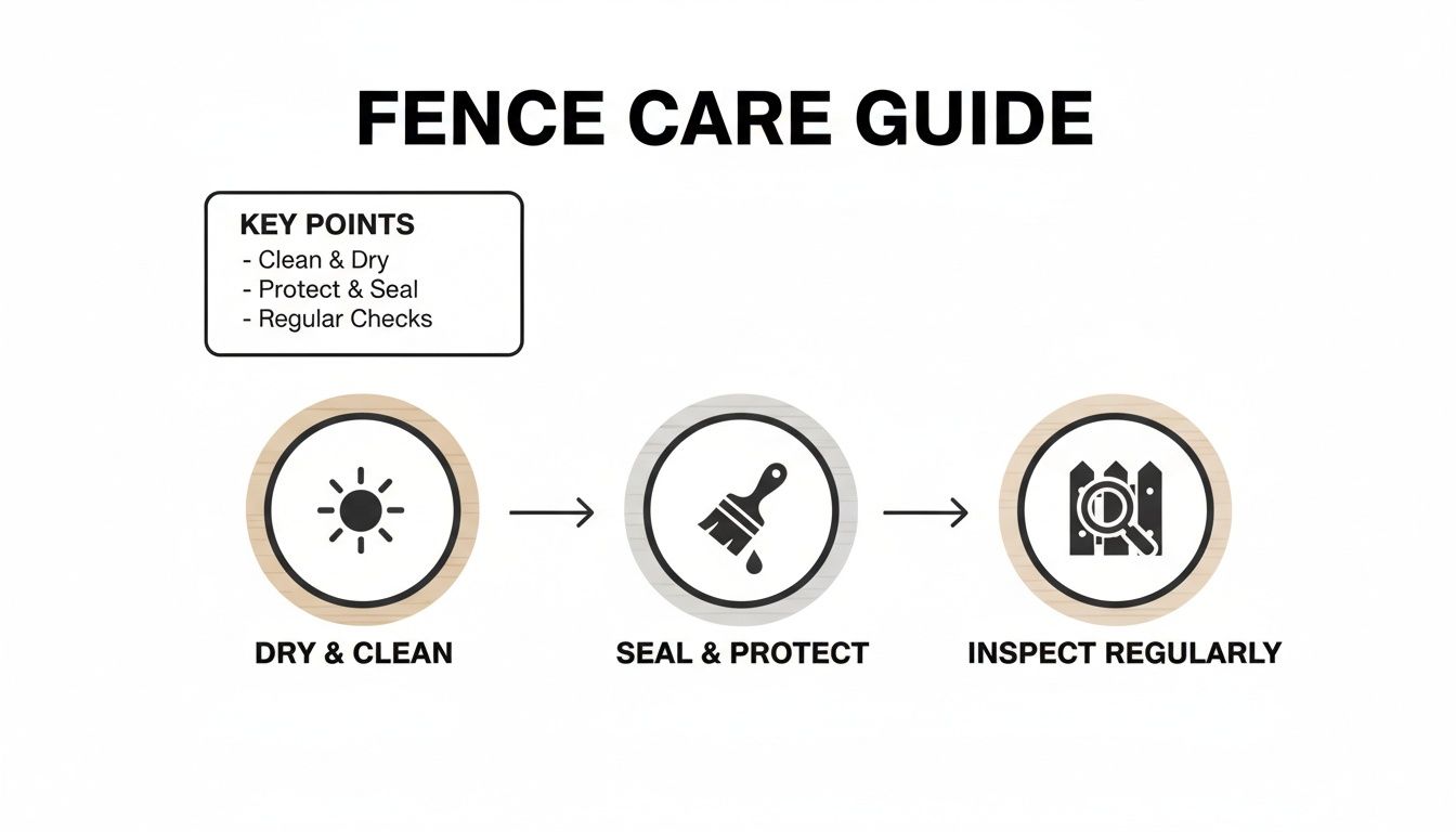 A fence care guide illustrating key steps: dry and clean, seal and protect, and inspect regularly.