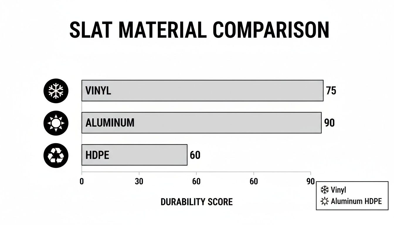 Bar chart comparing durability scores for Vinyl (75), Aluminum (90), and HDPE (60) slat materials.