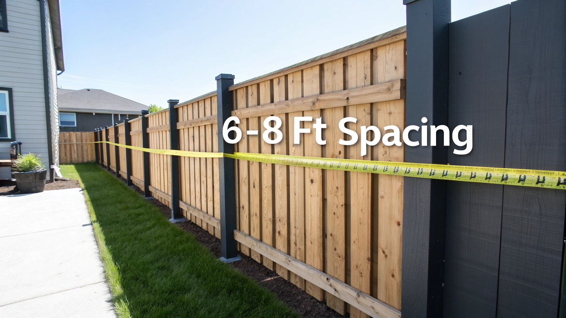 A wooden privacy fence with black posts, a yellow measuring tape, and grass alongside a concrete path, illustrating 6-8 ft post spacing.