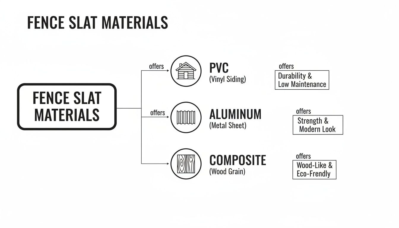 Diagram illustrating fence slat materials: PVC, Aluminum, and Composite, with their respective benefits.
