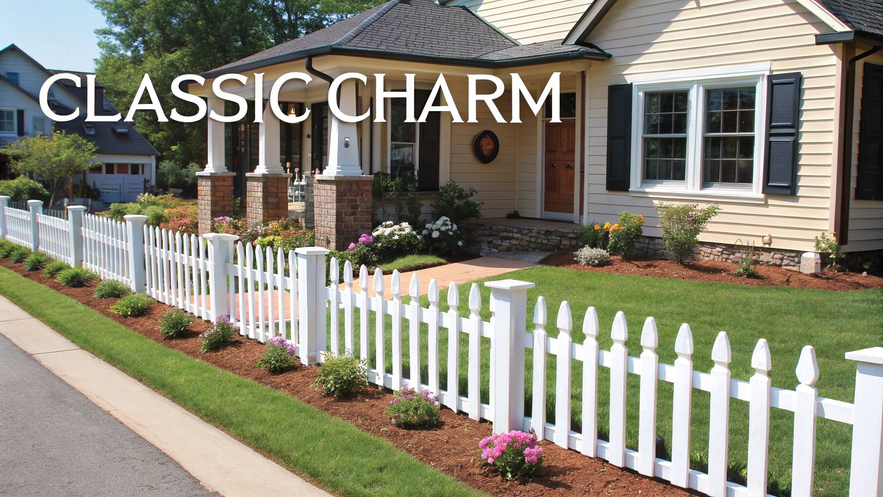 A classic charming yellow house with a neatly manicured lawn and white picket fence.