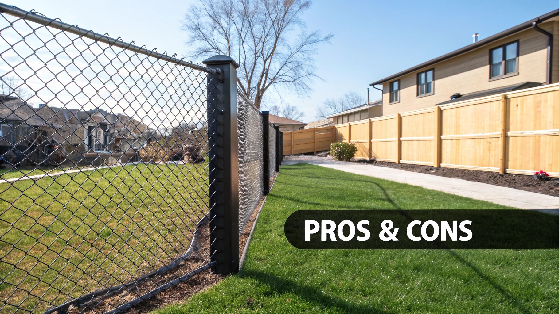 A chain-link fence with black privacy slats next to a wooden fence in a residential backyard.