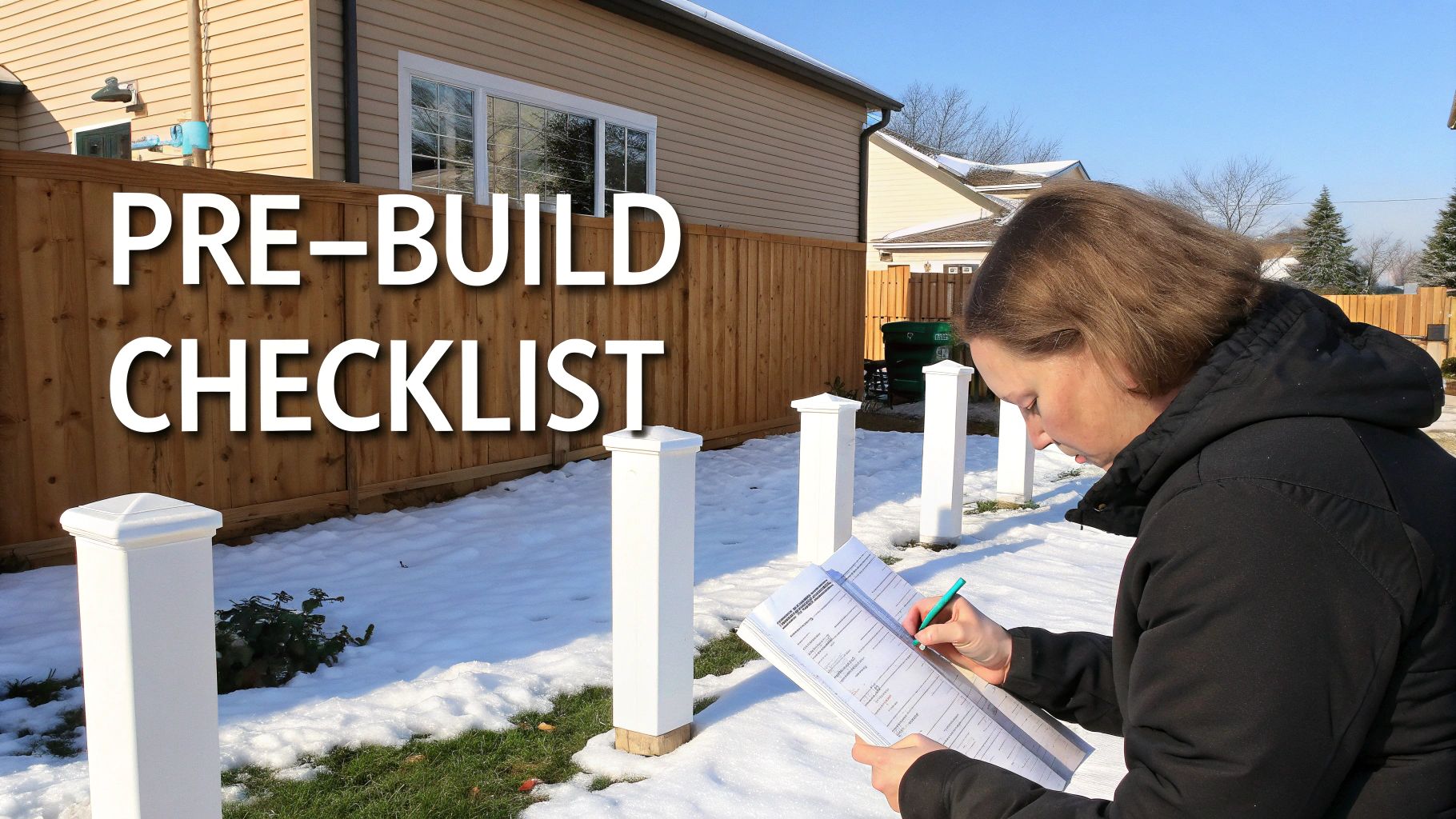 A woman reviews a pre-build checklist outdoors in a snowy yard with white fence posts.
