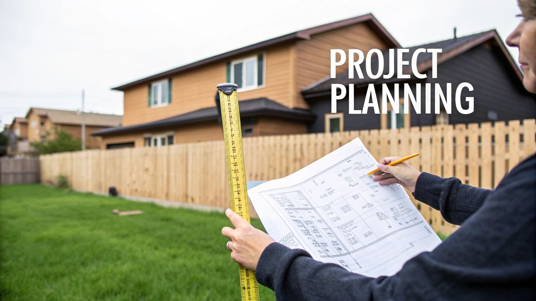 Project planning in a backyard, with a person holding a measuring tape and blueprints.