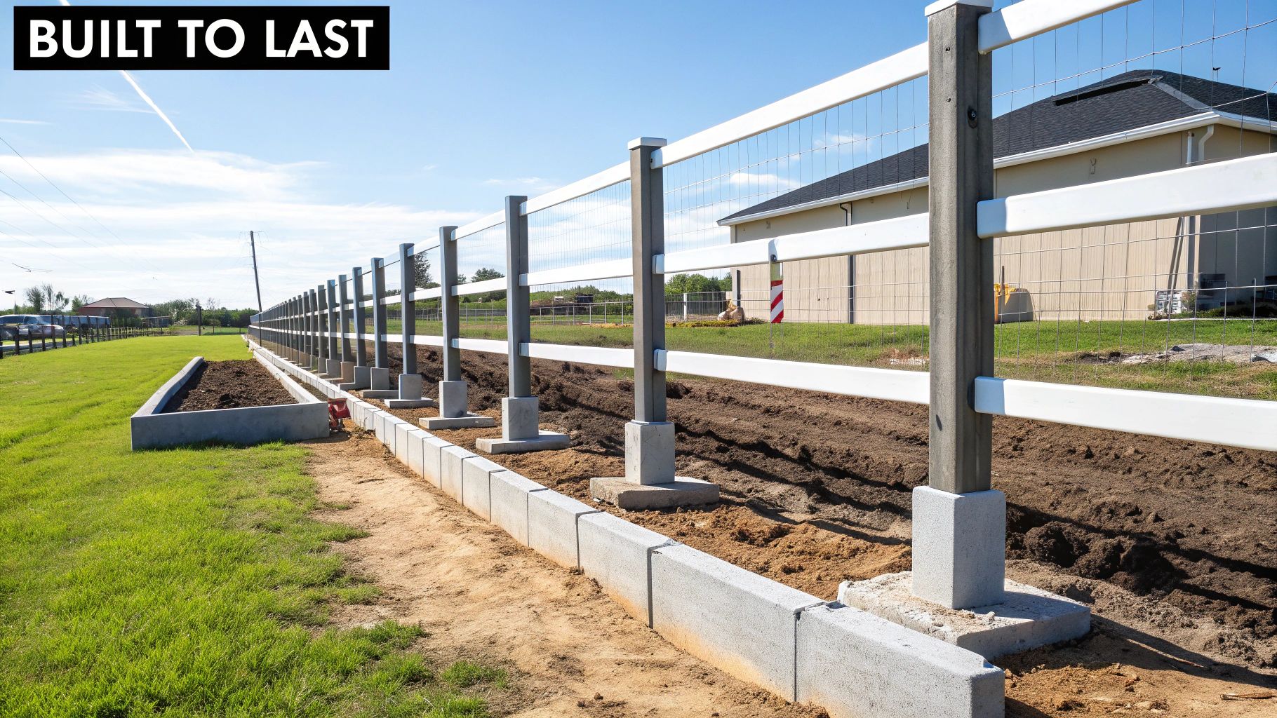 Long fence line featuring concrete posts, white horizontal rails, and wire mesh under a blue sky.
