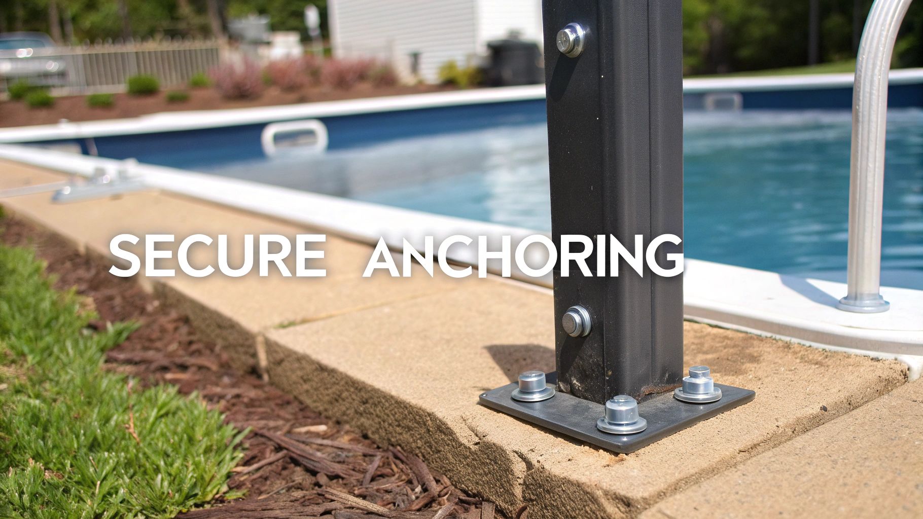 Close-up of a black post securely anchored on concrete pavers beside an above-ground swimming pool.