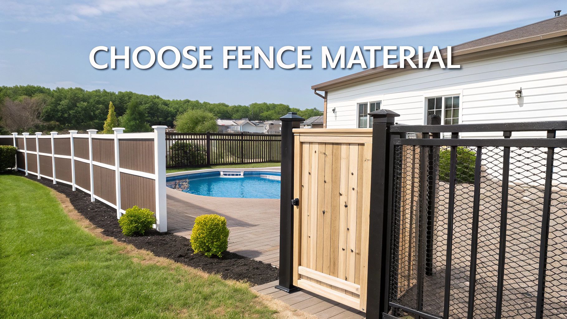 A backyard with an above-ground pool, a white house, and various fence materials, including composite, wood, and metal.