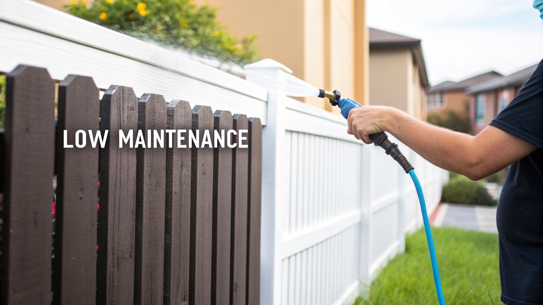 Person pressure washing white vinyl fence next to dark wooden fence demonstrating low maintenance cleaning