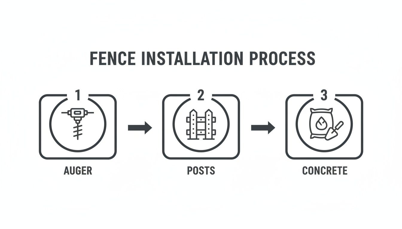 Step-by-step guide for fence installation process, including auger drilling, setting posts, and pouring concrete.