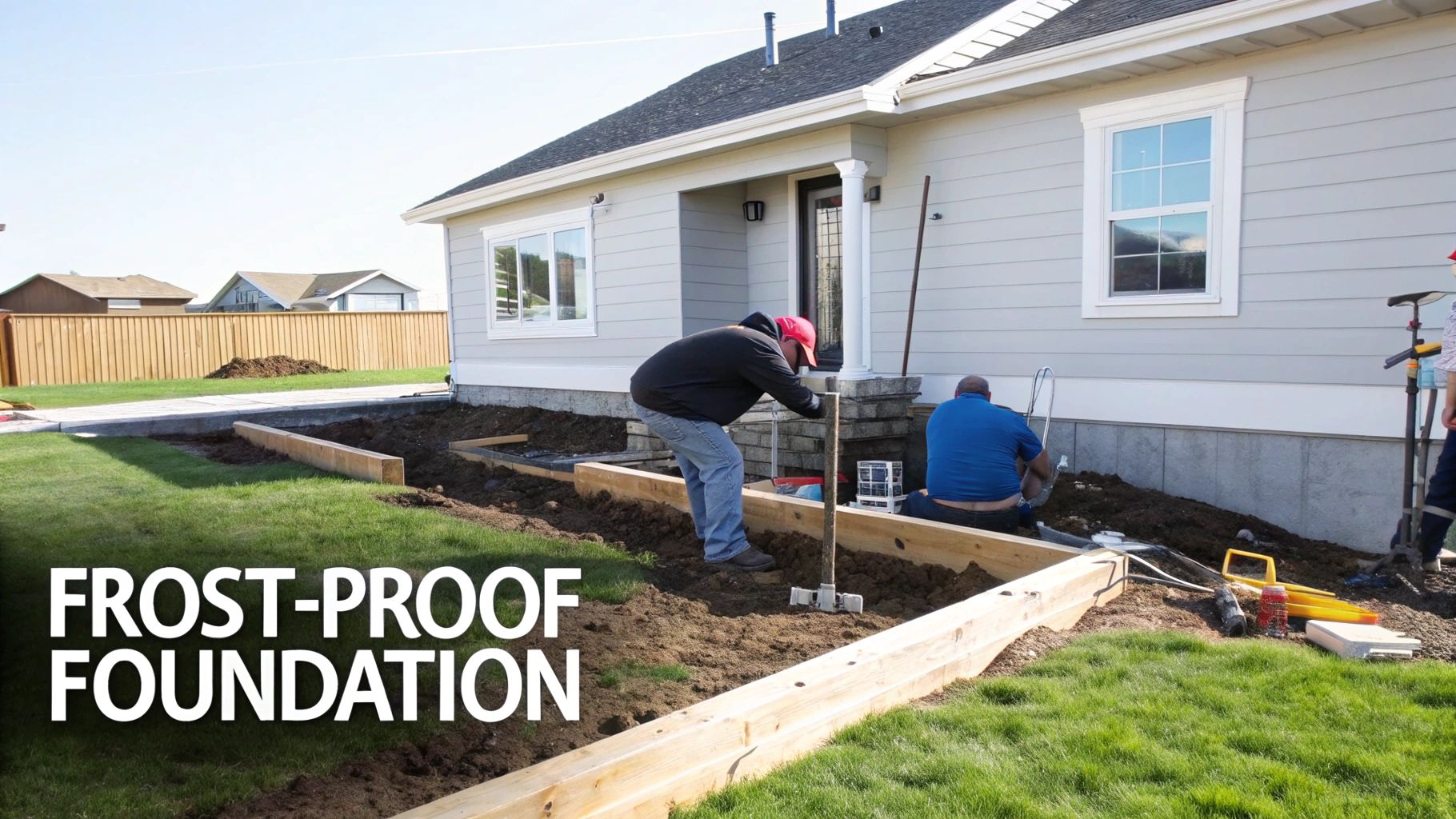 Construction workers preparing a frost-proof foundation for a light-colored house with wooden forms and excavated soil.