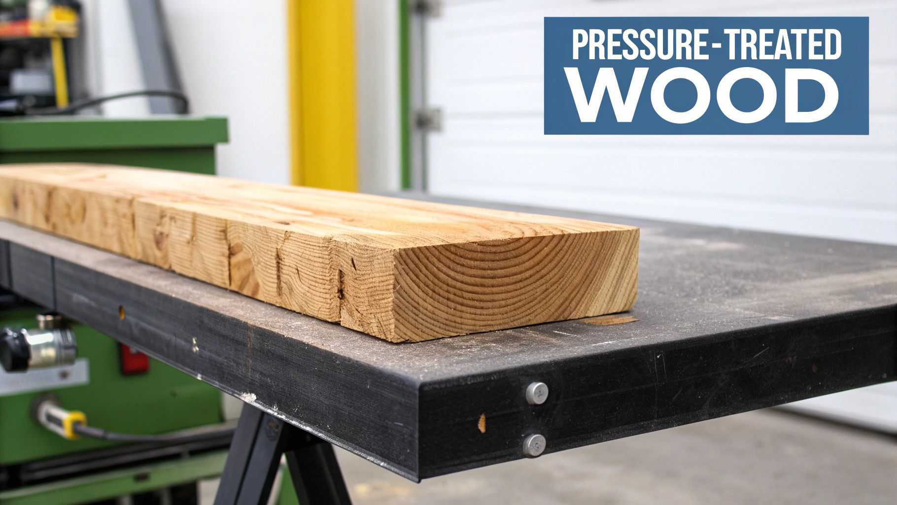 A fresh piece of pressure-treated wood lies on a dark workbench in a workshop.