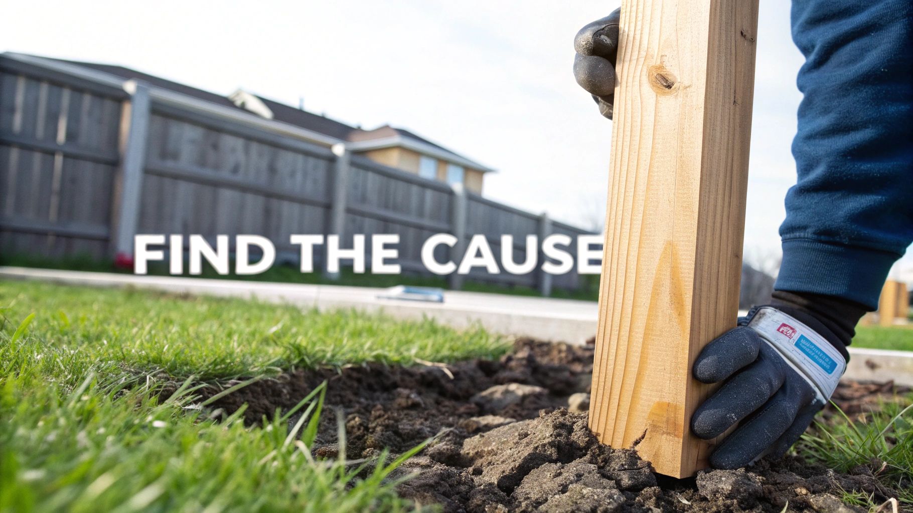 A person in work gloves setting a new wooden fence post into the ground, with text "FIND THE CAUSE".