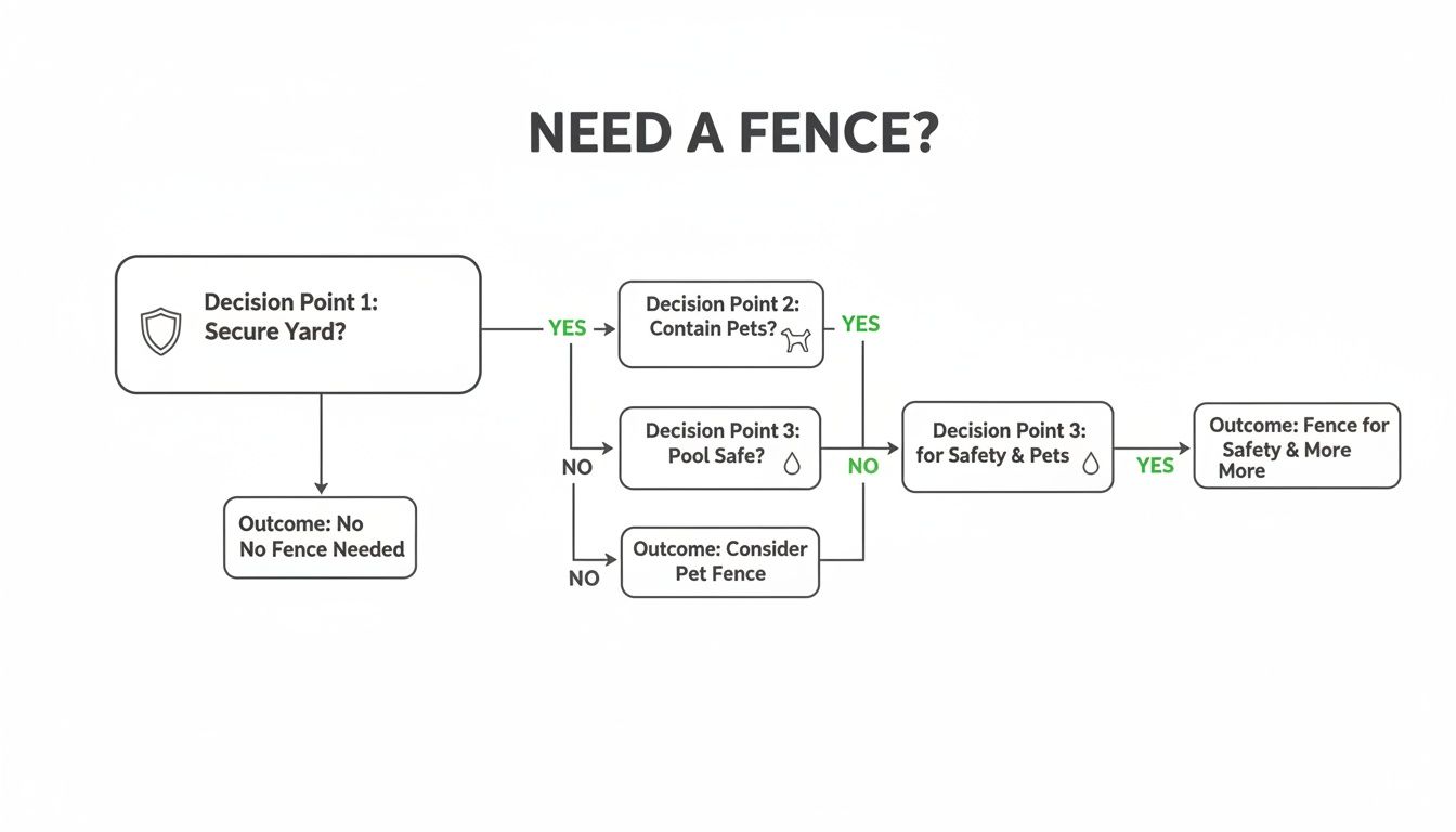 Decision flowchart for determining if a fence is needed, considering yard security, pet containment, and pool safety.