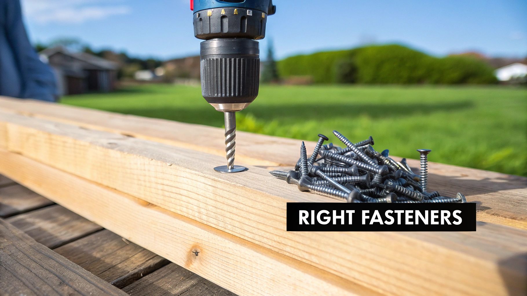 A power drill with a bit prepares to create a hole in a wooden plank, next to a pile of pressure-treated lumber screws.