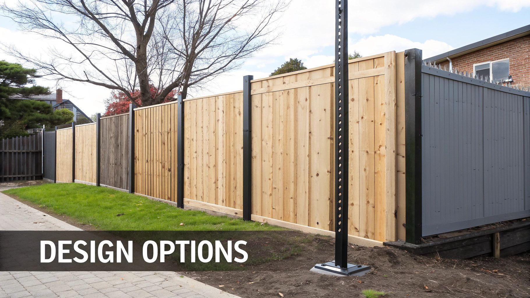 A modern fence showcasing various design options with natural wood, dark wood, and grey panels, supported by black metal posts.