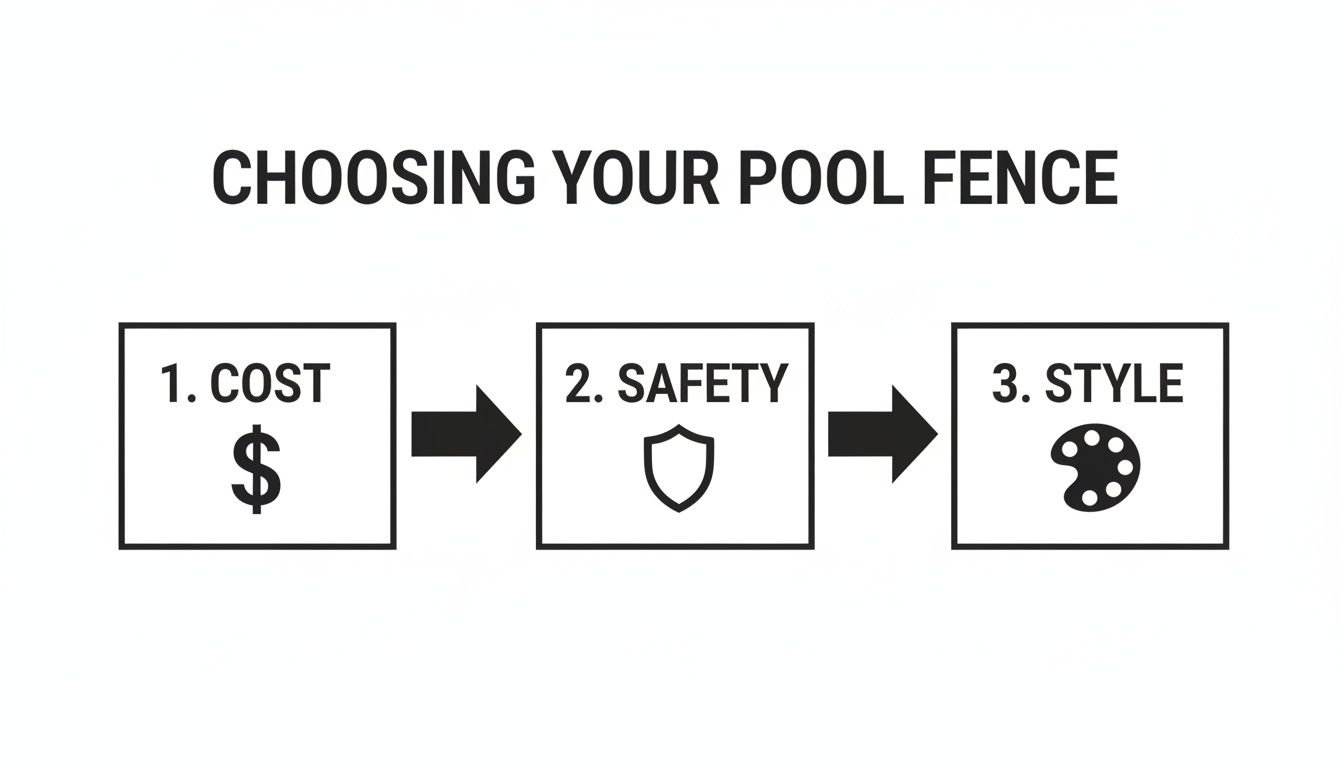 Flowchart showing three steps for choosing a pool fence: Cost, Safety, and Style with icons.