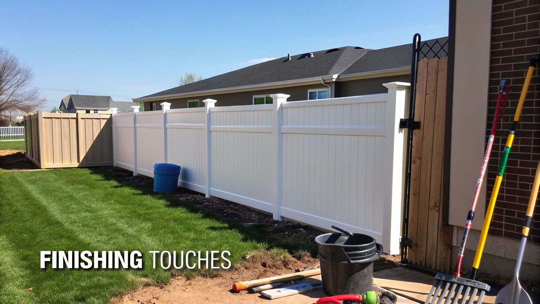 A newly installed white vinyl fence in a backyard with gardening tools and a wooden fence section.
