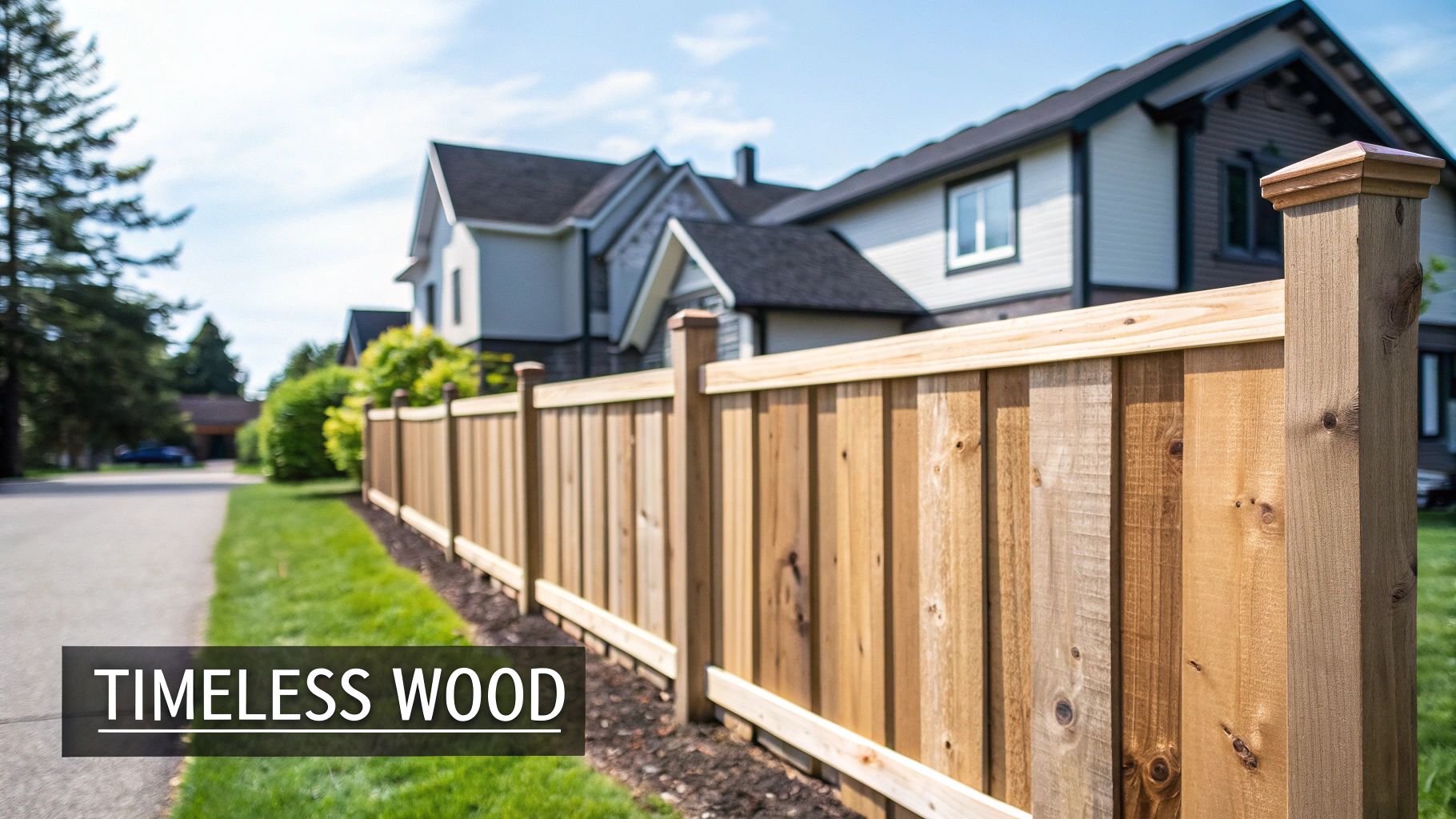 A long, light brown wooden privacy fence running along a residential street with houses and trees.