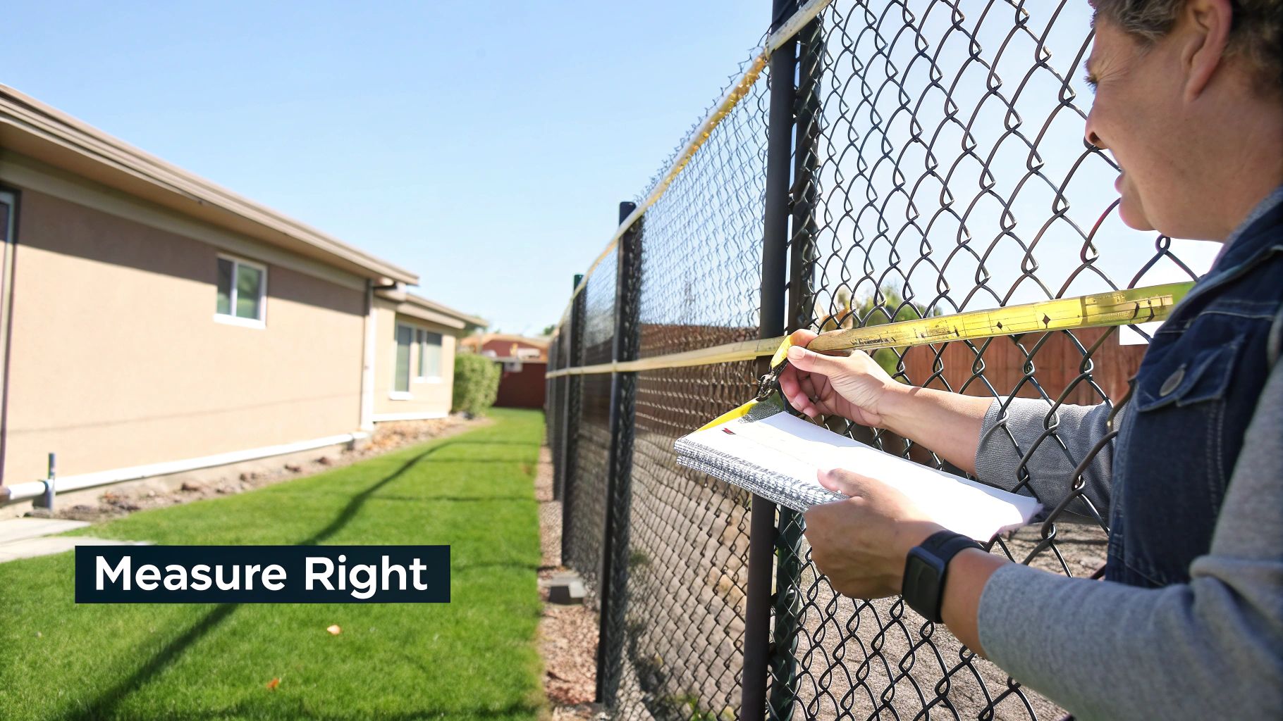 A person measures the height of a chain-link fence with a tape measure and a notebook.