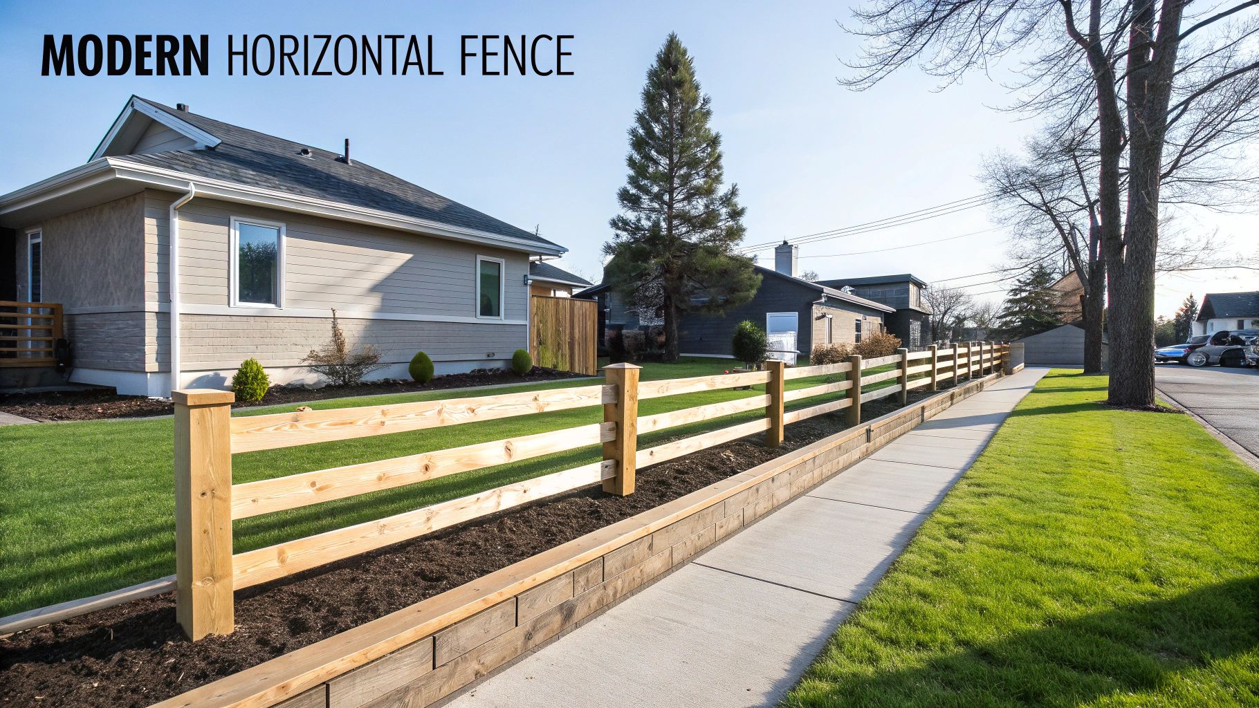 A modern light wooden horizontal fence with three rails separates a manicured lawn from a sidewalk in front of a house.