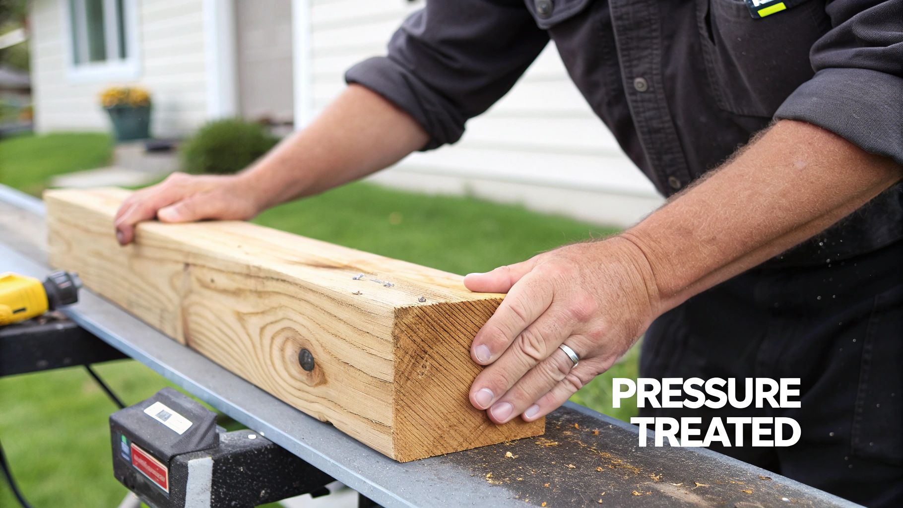 A person's hands holding a thick piece of pressure-treated lumber on a sawhorse, outdoors.