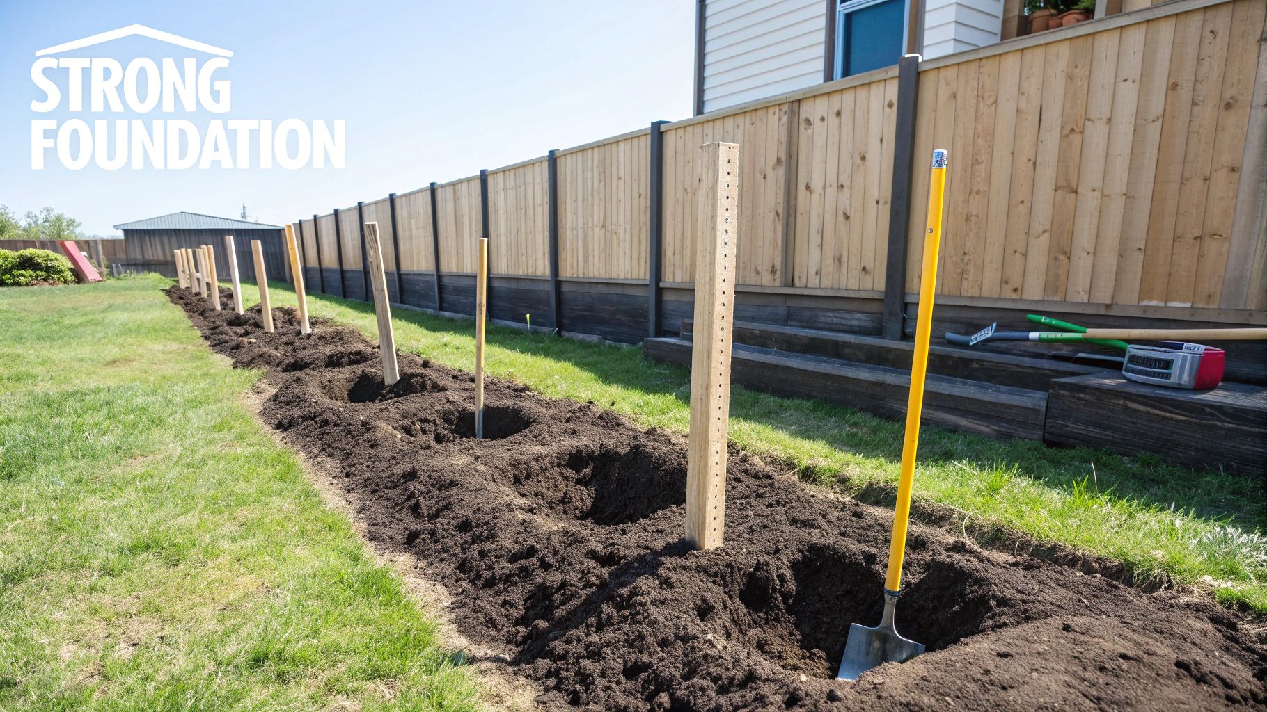 A row of wooden posts being installed in freshly dug holes along a grassy area next to a wooden fence.