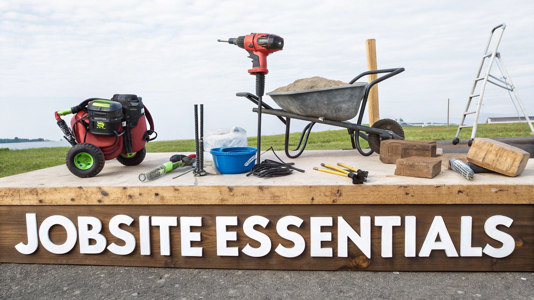 Jobsite essentials displayed outdoors, featuring tools like a drill, wheelbarrow, and pressure washer.