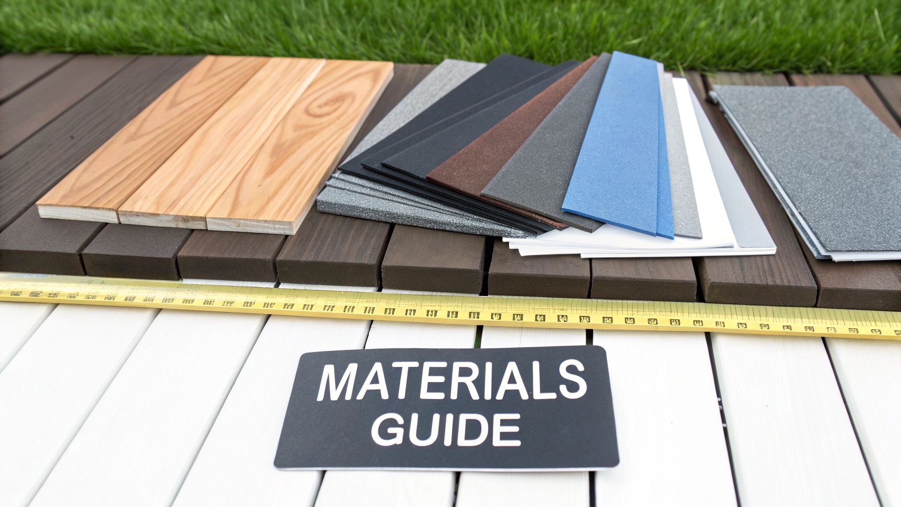 Various material samples for decking and construction, including wood, composite, and textured panels, with a 'MATERIALS GUIDE' sign.