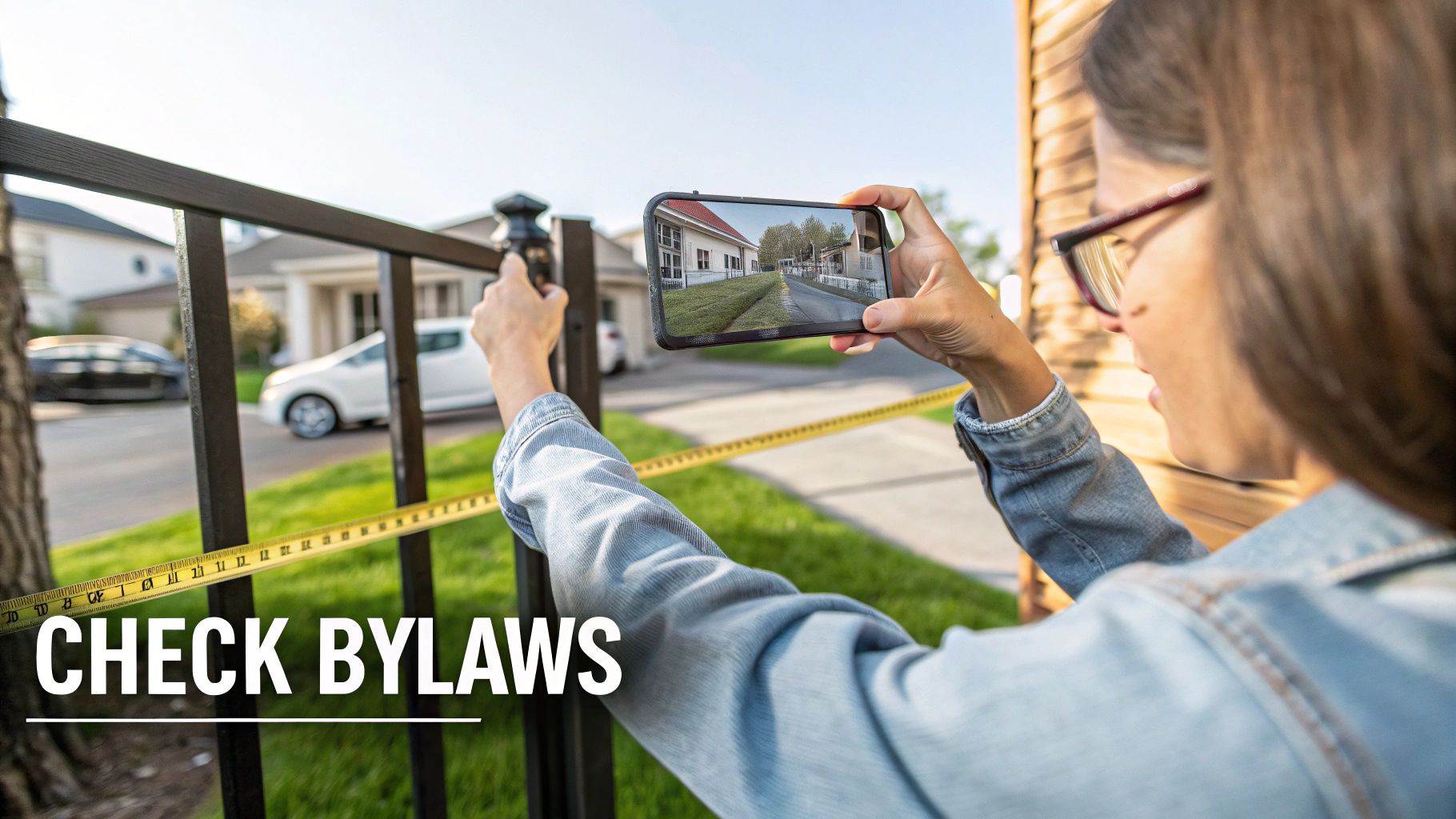 A person measures a black fence with a tape measure while viewing a house on a smartphone.