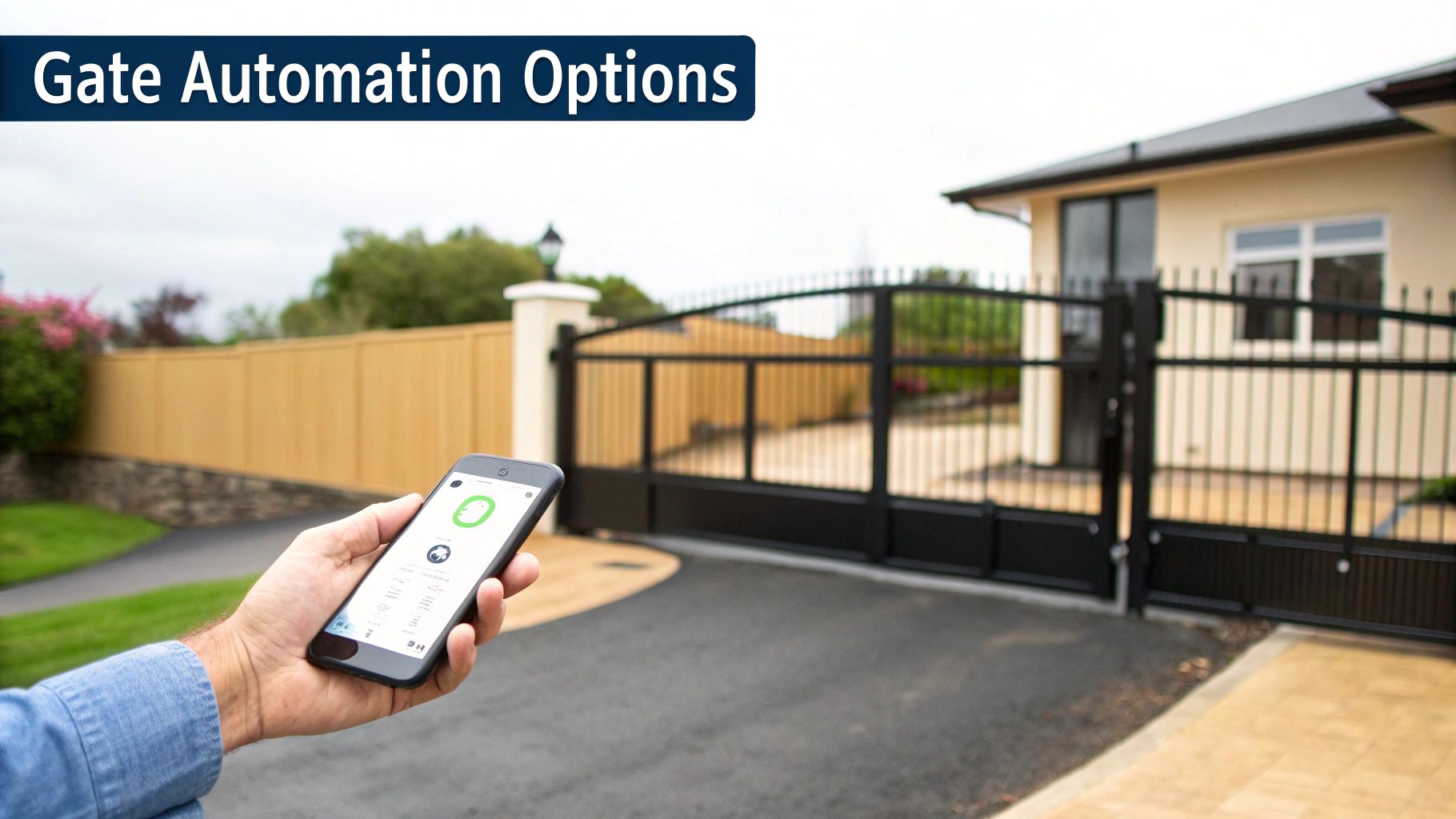Person using smartphone app to control automatic driveway gate at residential property entrance