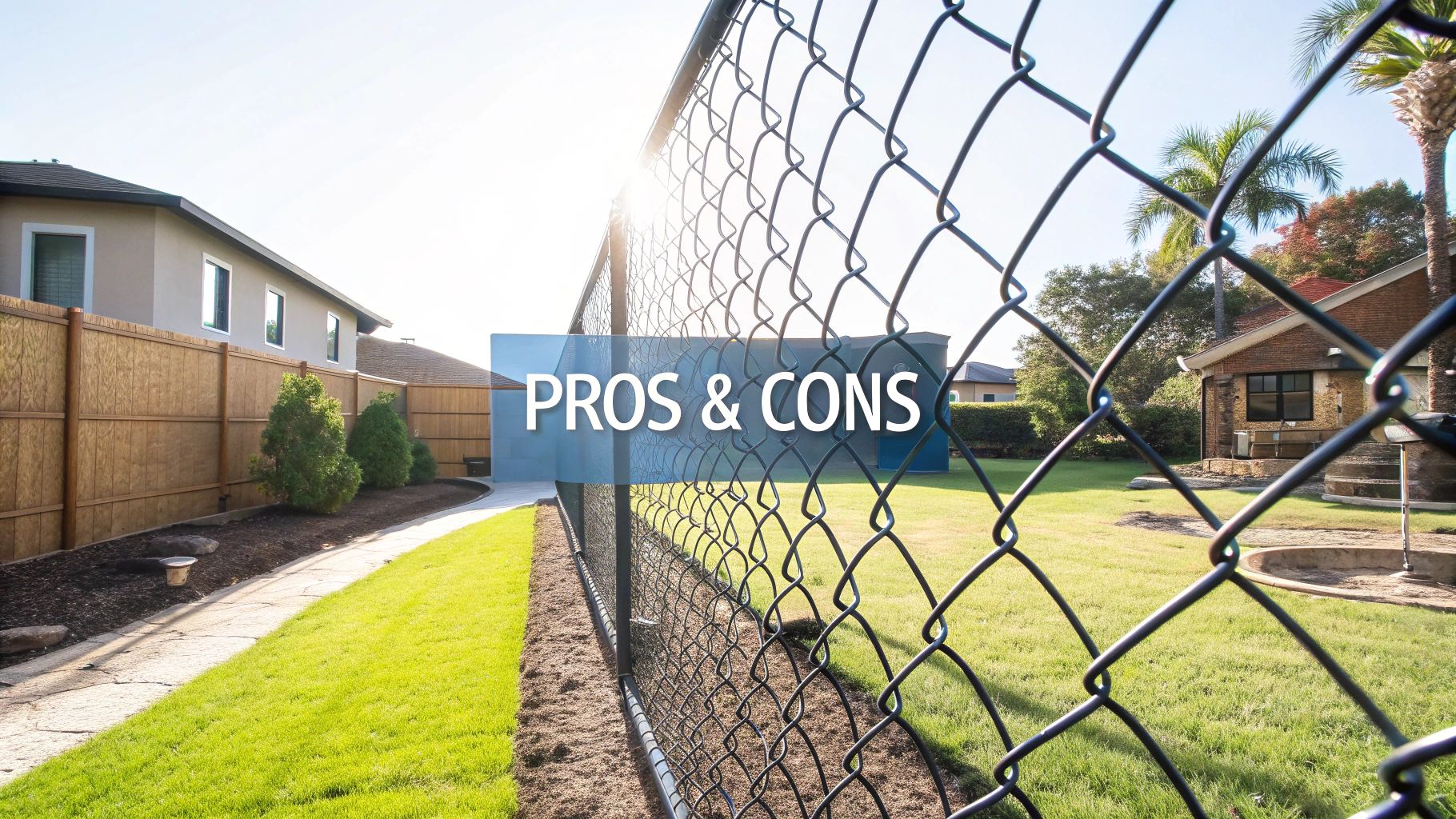 A chain link fence with dark green slats providing privacy for a residential backyard.