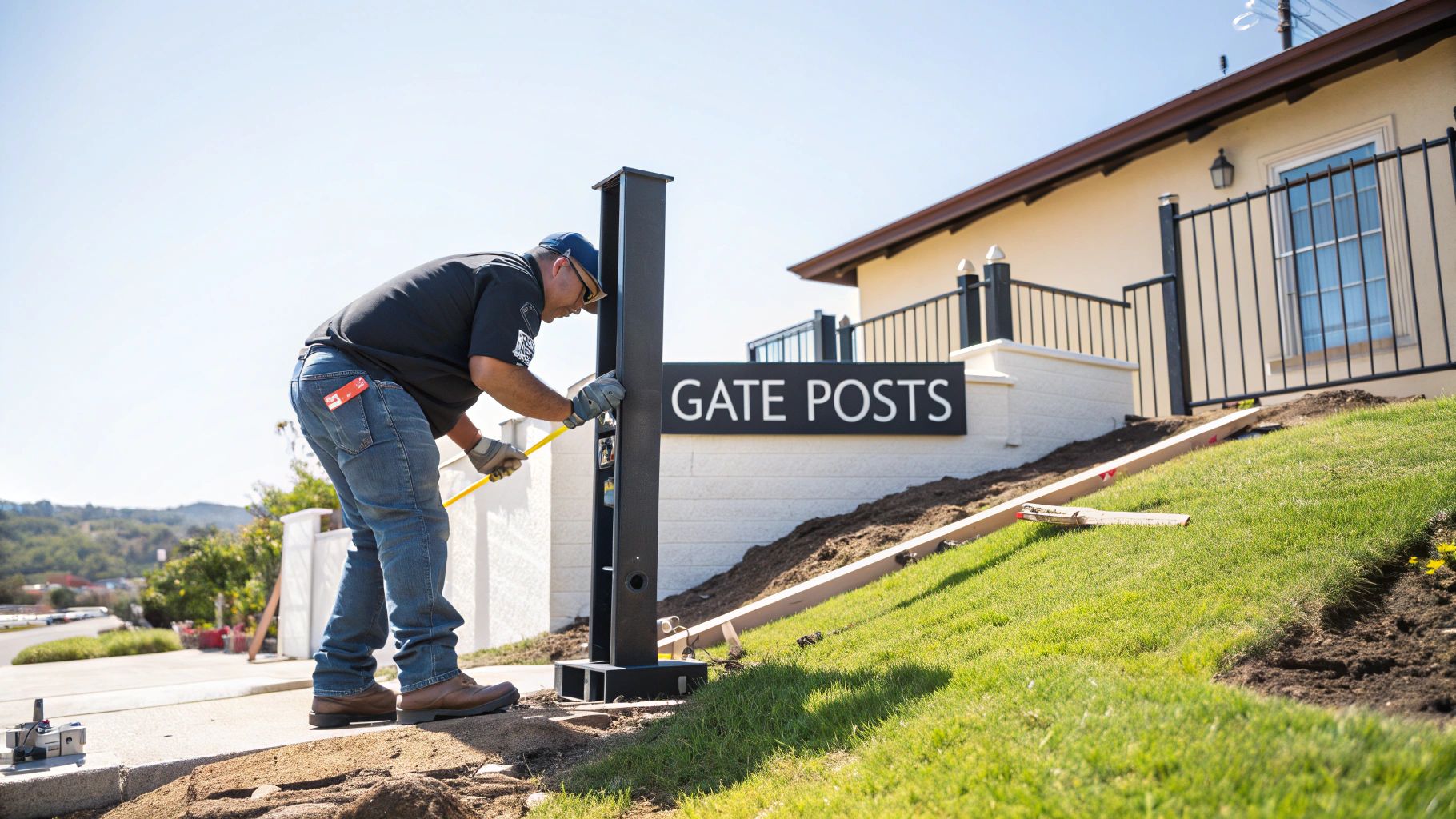 A man installing a black gate post with a sign that says 'GATE POSTS' on a sunny day.
