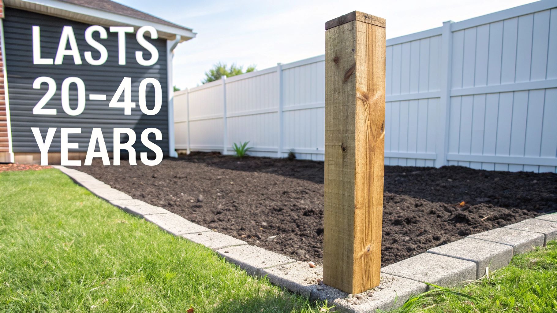 A durable pressure-treated wood fence post stands in a garden bed, promising 20-40 years longevity.