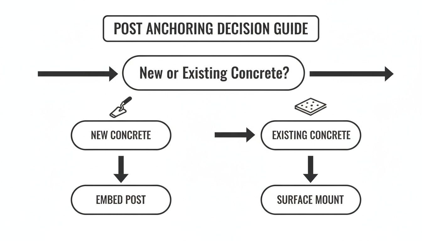 Decision guide for anchoring posts to concrete, considering new versus existing concrete for embedding or surface mounting.