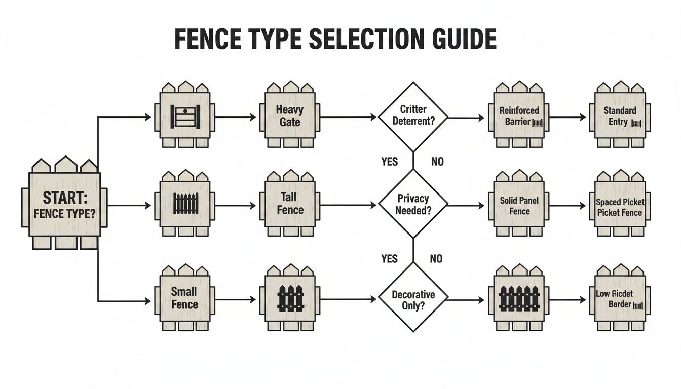 A flowchart titled 'Fence Type Selection Guide' detailing options for different fence and gate types.